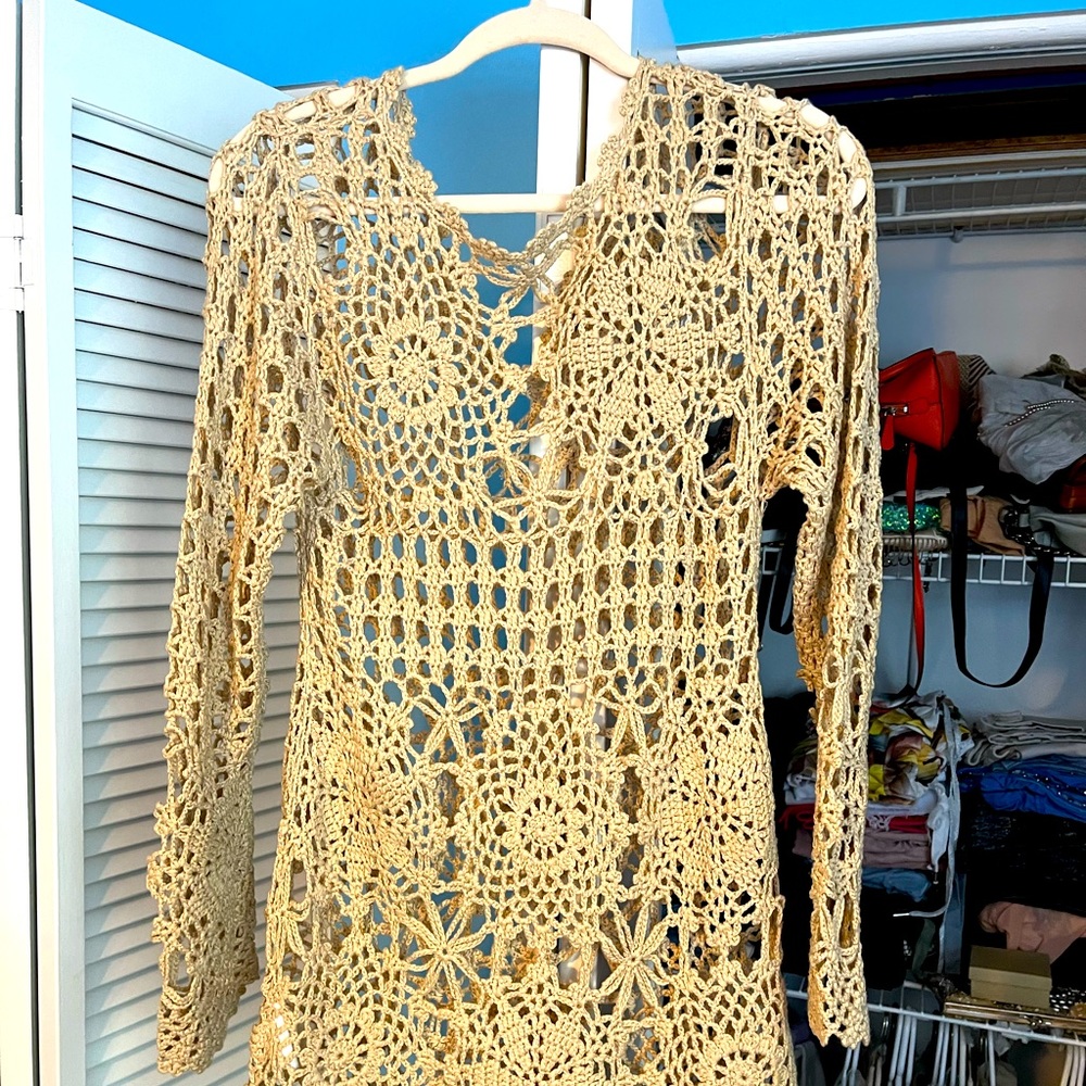Crochet dress, long sleeves, beige